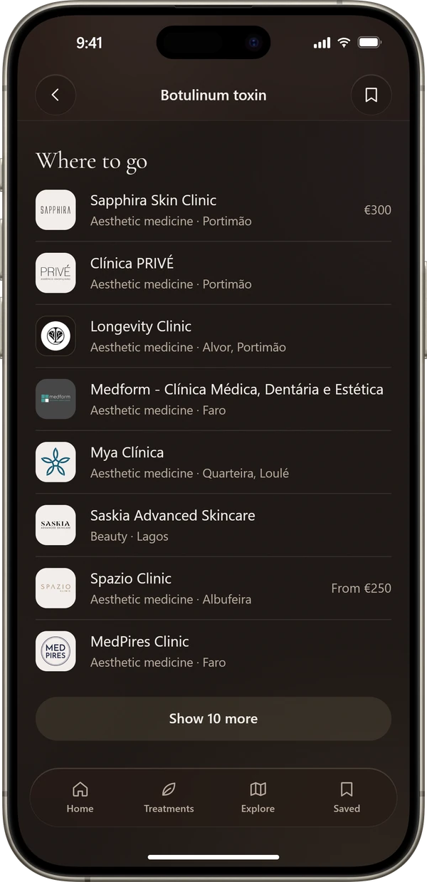 Botulinum toxin, with the clinics that offer it and their prices