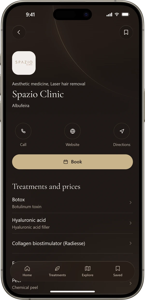 Spazio Clinic, with its menu and booking button