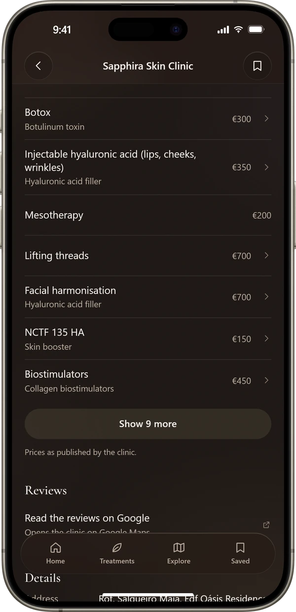 A clinic's treatments with the prices it publishes
